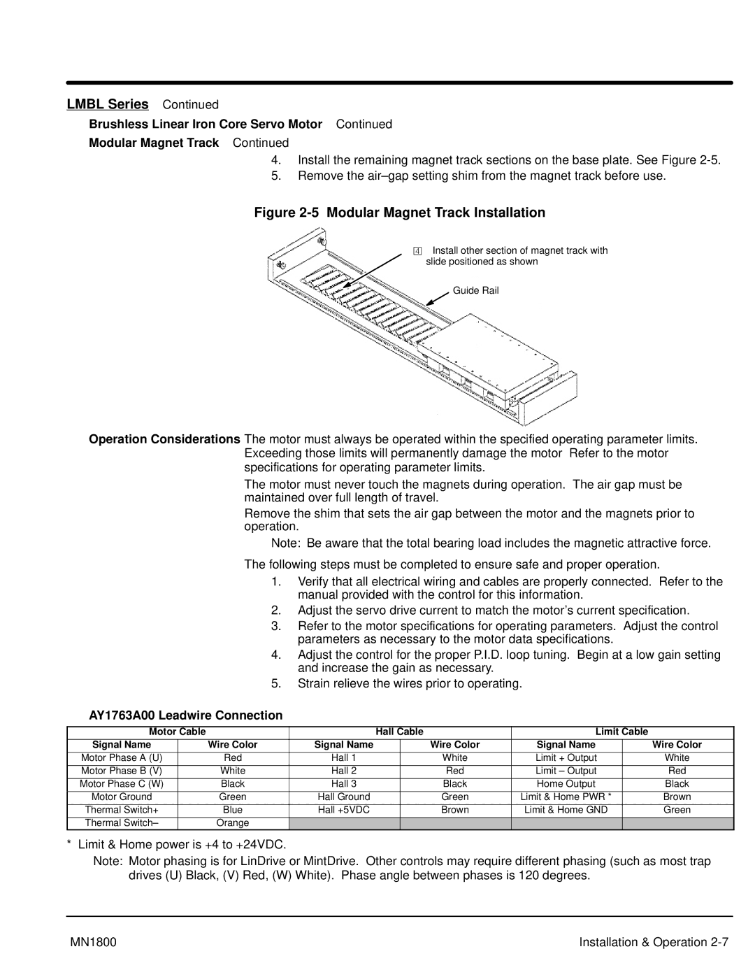 Baldor iMN1800 manual Brushless Linear Iron Core Servo Motor Modular Magnet Track, Hall Cable Limit Cable 