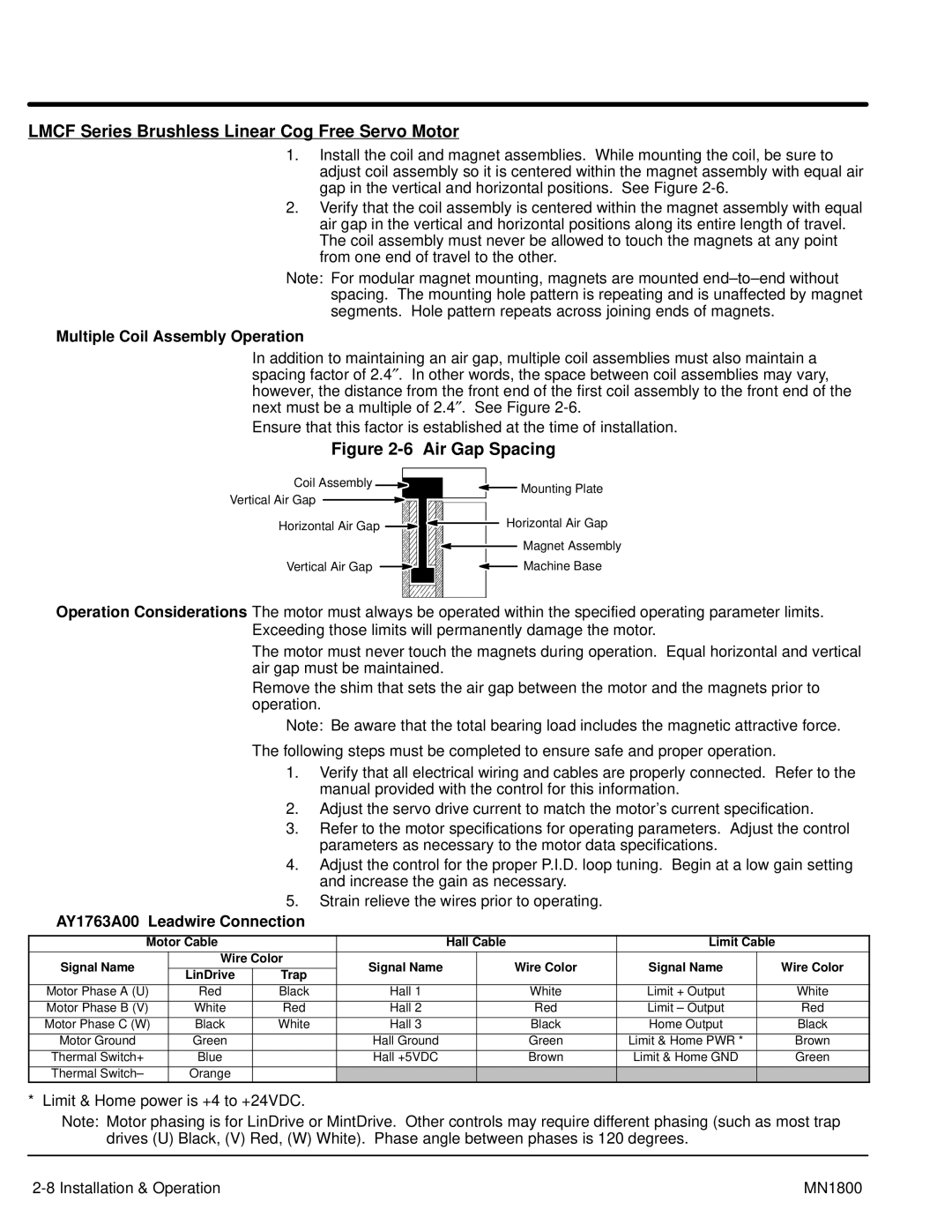 Baldor iMN1800 manual Lmcf Series Brushless Linear Cog Free Servo Motor, Air Gap Spacing 