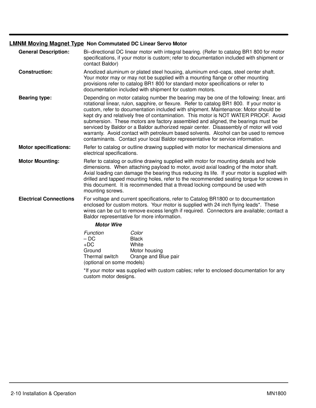Baldor iMN1800 manual Lmnm Moving Magnet Type Non Commutated DC Linear Servo Motor 