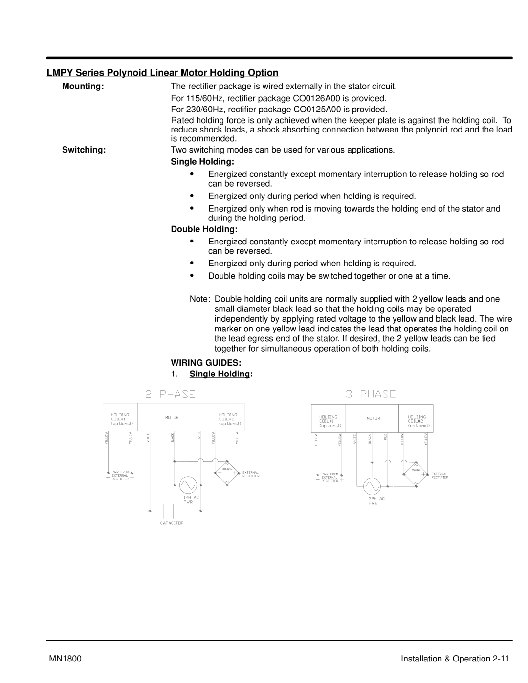 Baldor iMN1800 manual Lmpy Series Polynoid Linear Motor Holding Option, Switching, Single Holding, Double Holding 