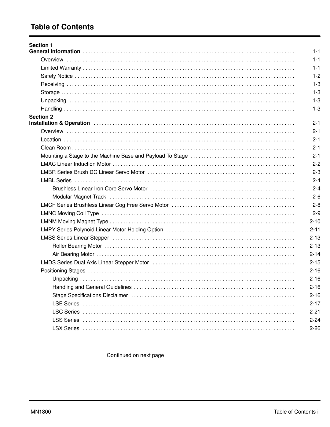 Baldor iMN1800 manual Table of Contents 