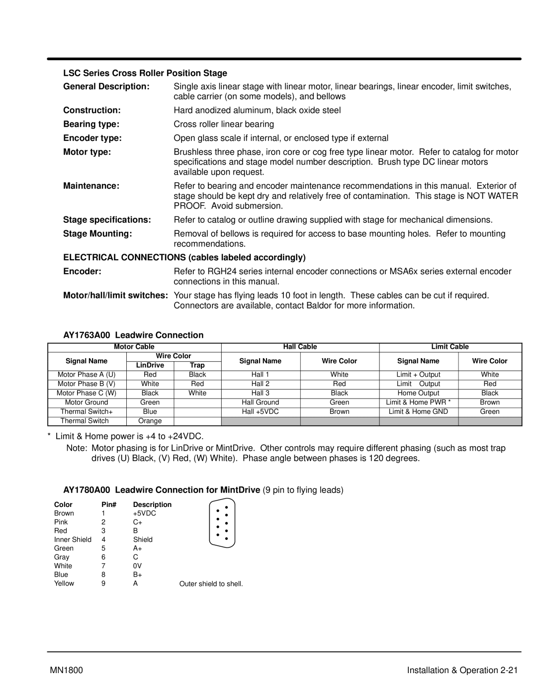 Baldor iMN1800 manual LSC Series Cross Roller Position Stage General Description, Construction 