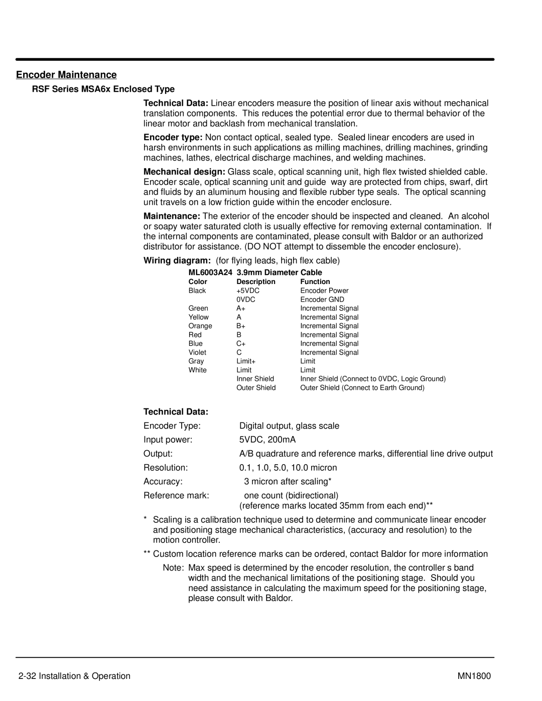 Baldor iMN1800 manual Encoder Maintenance, RSF Series MSA6x Enclosed Type, Technical Data, Color Description Function 