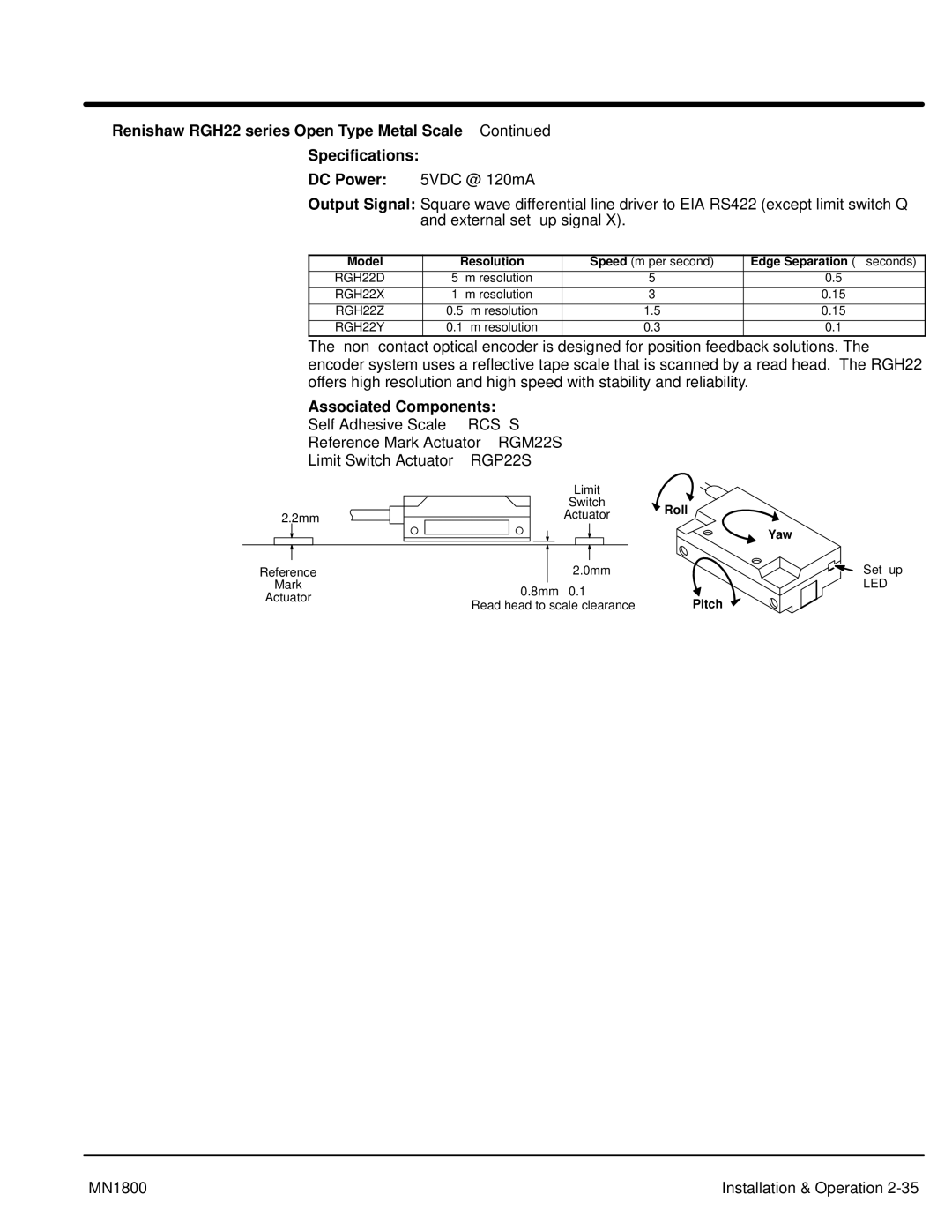 Baldor iMN1800 manual Renishaw RGH22 series Open Type Metal Scale Specifications, Associated Components 