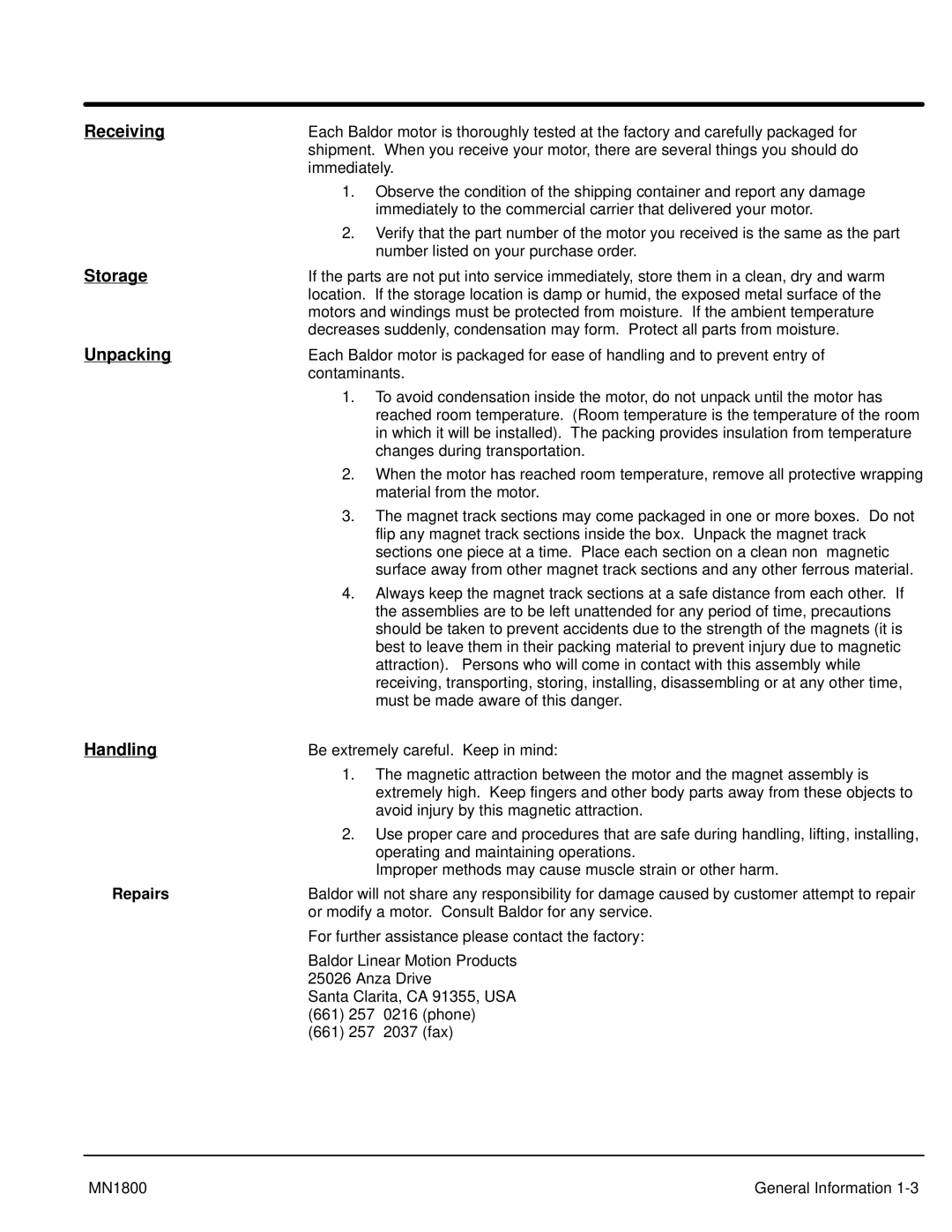 Baldor iMN1800 manual Receiving, Storage, Unpacking, Handling, Repairs 