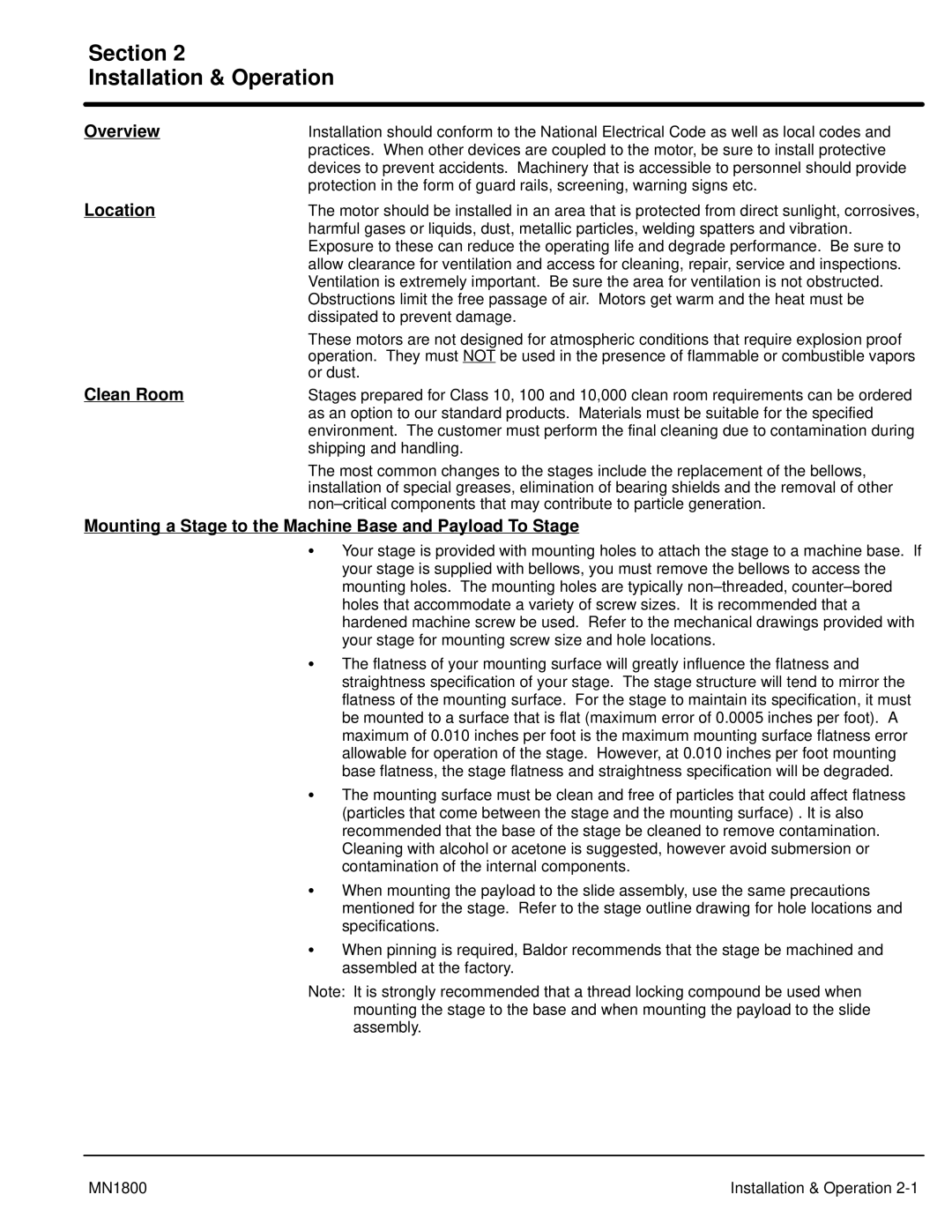 Baldor iMN1800 manual Location, Clean Room, Mounting a Stage to the Machine Base and Payload To Stage 