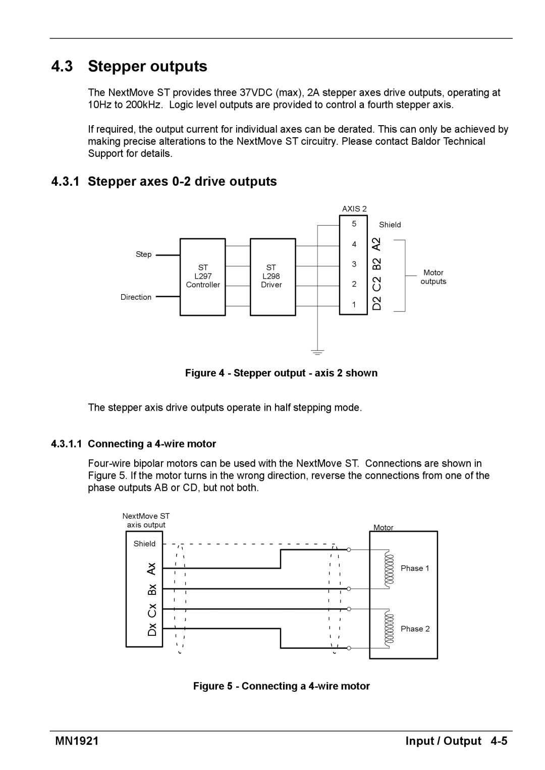 Baldor iMN1921 installation manual Stepper outputs, Stepper axes 0-2 drive outputs, Connecting a 4-wire motor 