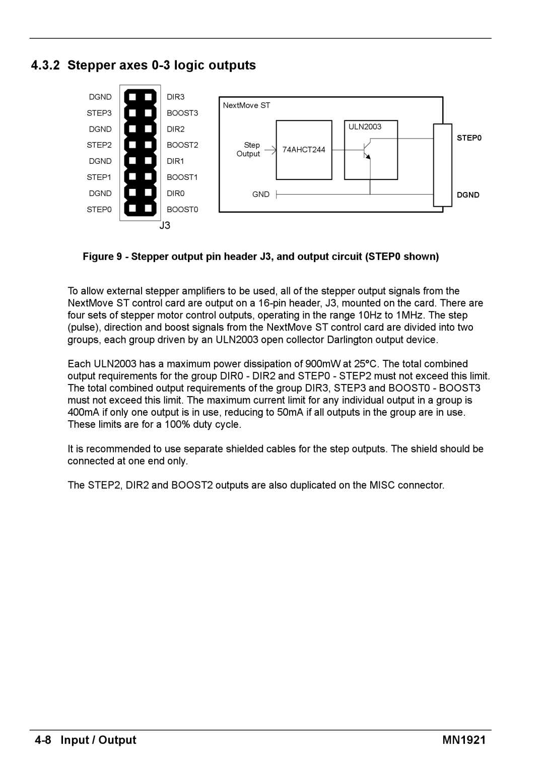 Baldor iMN1921 installation manual Stepper axes 0-3 logic outputs, Stepper output pin header J3, and output circuit shown 