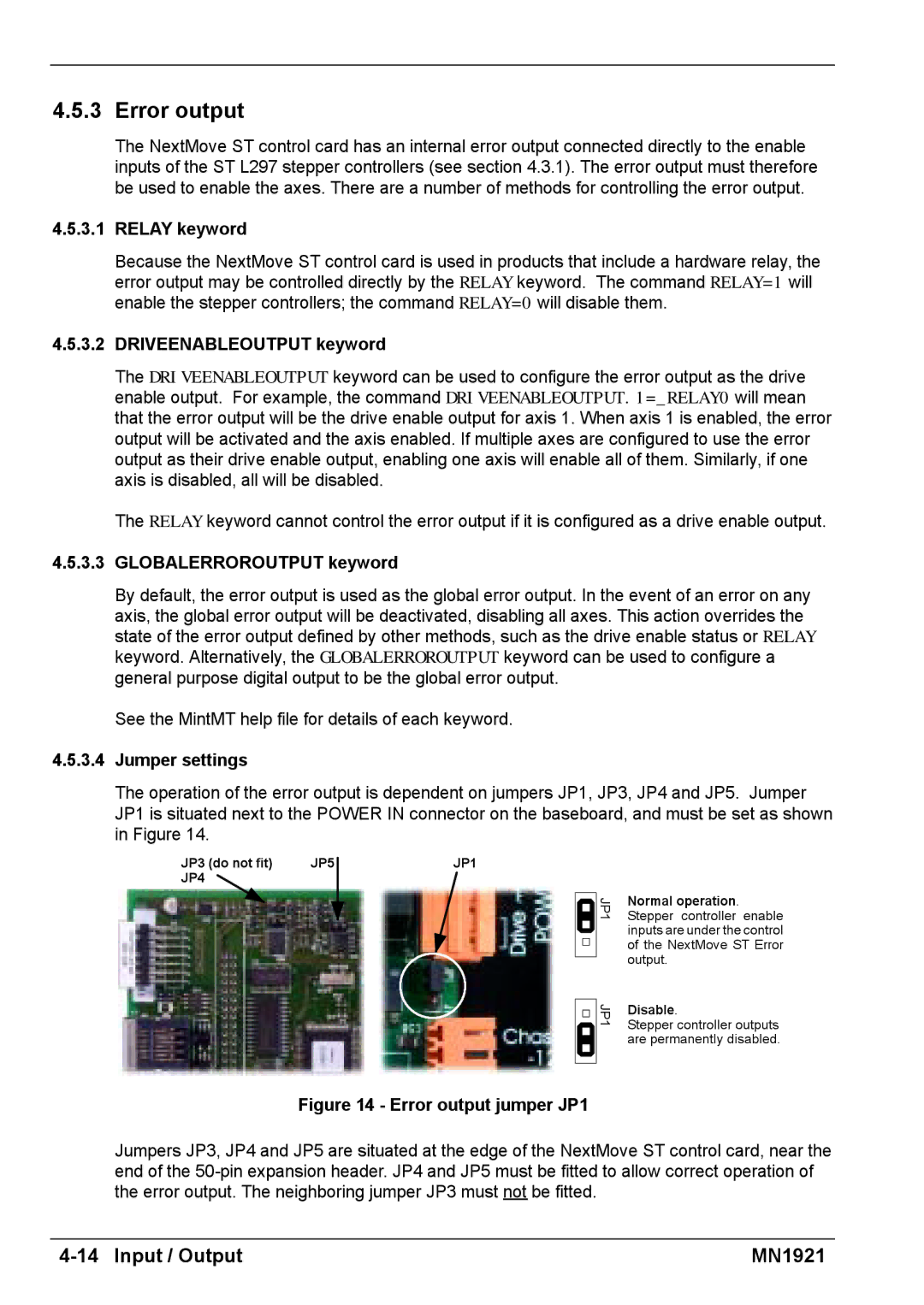 Baldor iMN1921 Error output, Relay keyword, Driveenableoutput keyword, Globalerroroutput keyword, Jumper settings 