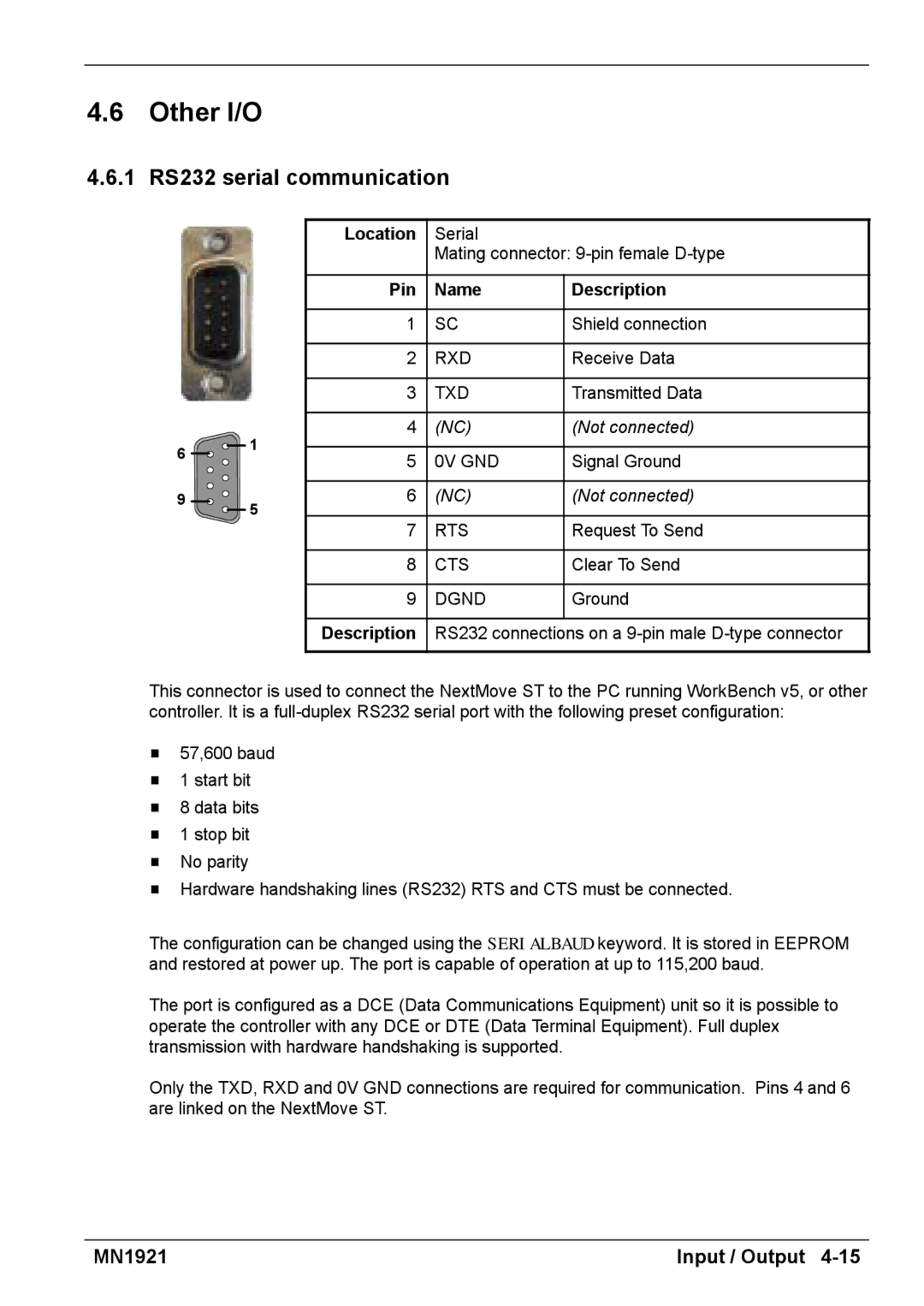 Baldor iMN1921 installation manual Other I/O, RS232 serial communication, Location, Pin Name Description 