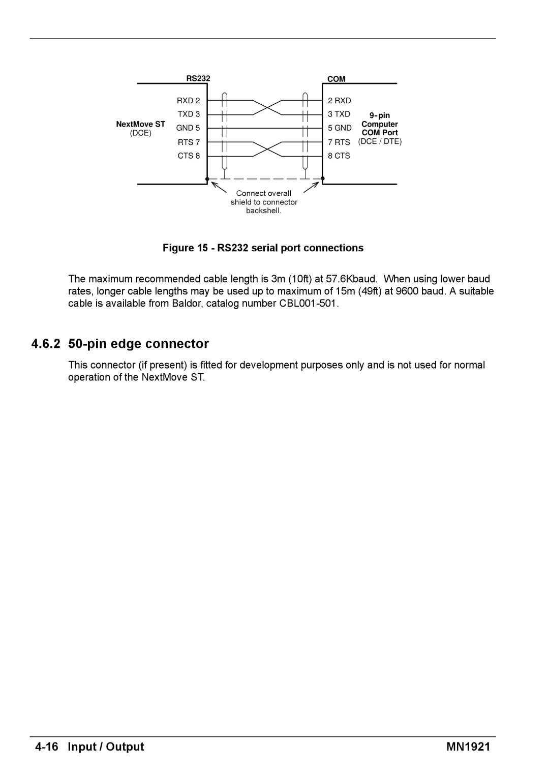 Baldor iMN1921 installation manual 2 50-pin edge connector, RS232 serial port connections 