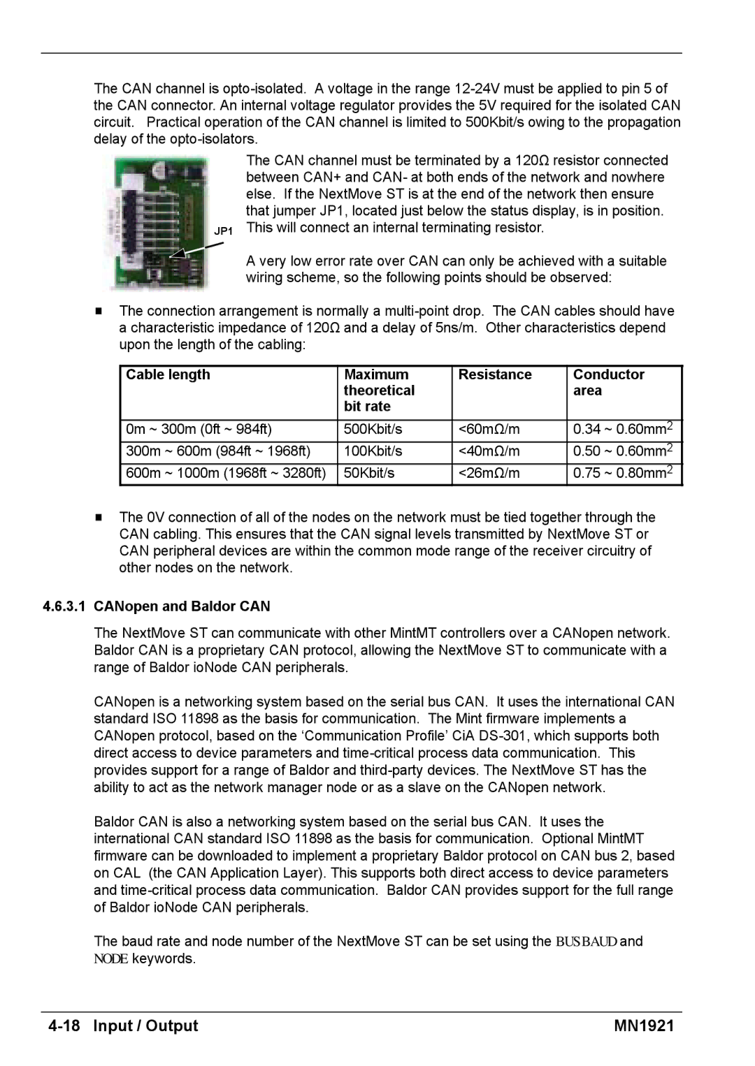 Baldor iMN1921 installation manual JP1 This will connect an internal terminating resistor, CANopen and Baldor can 