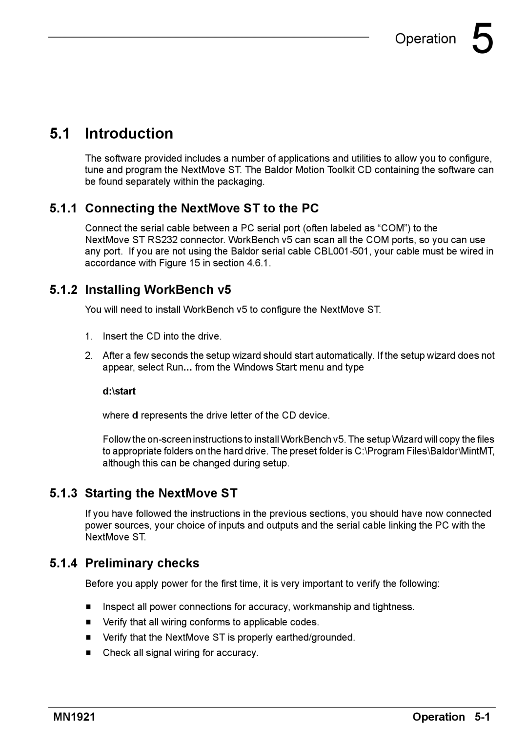Baldor iMN1921 Connecting the NextMove ST to the PC, Installing WorkBench, Starting the NextMove ST, Preliminary checks 