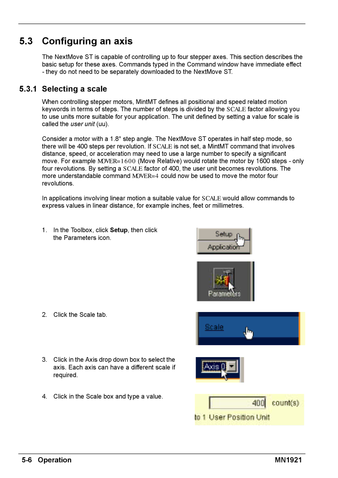 Baldor iMN1921 installation manual Configuring an axis, Selecting a scale 