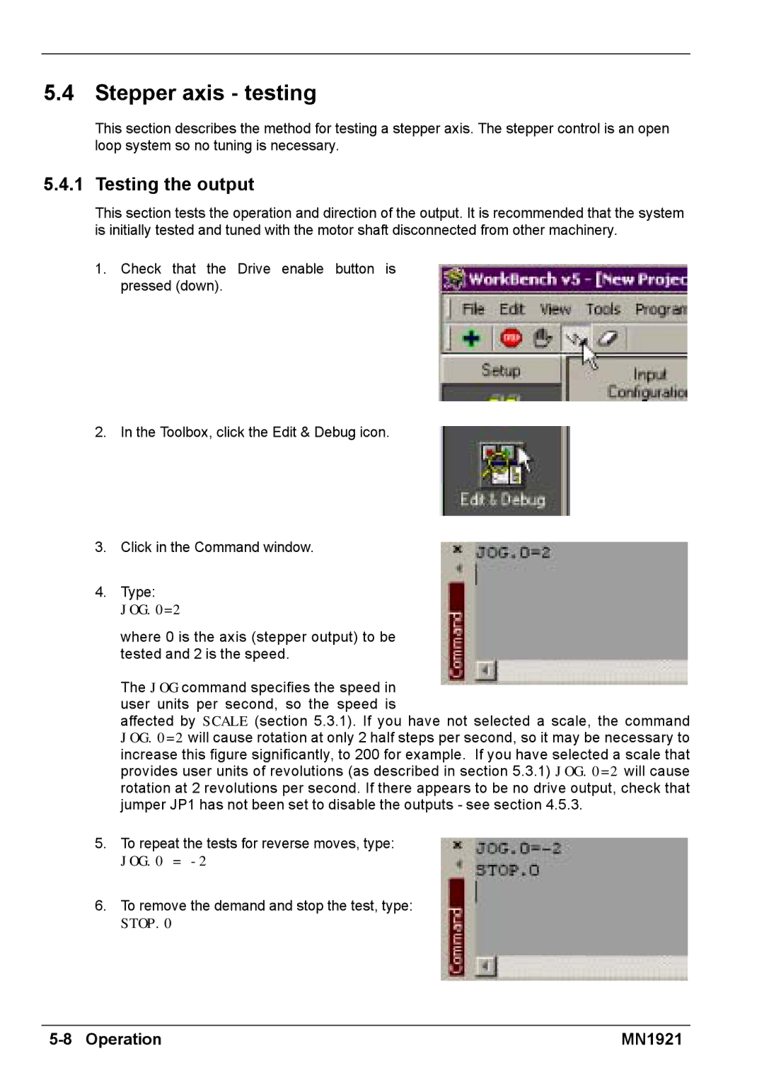 Baldor iMN1921 installation manual Stepper axis testing, Testing the output 