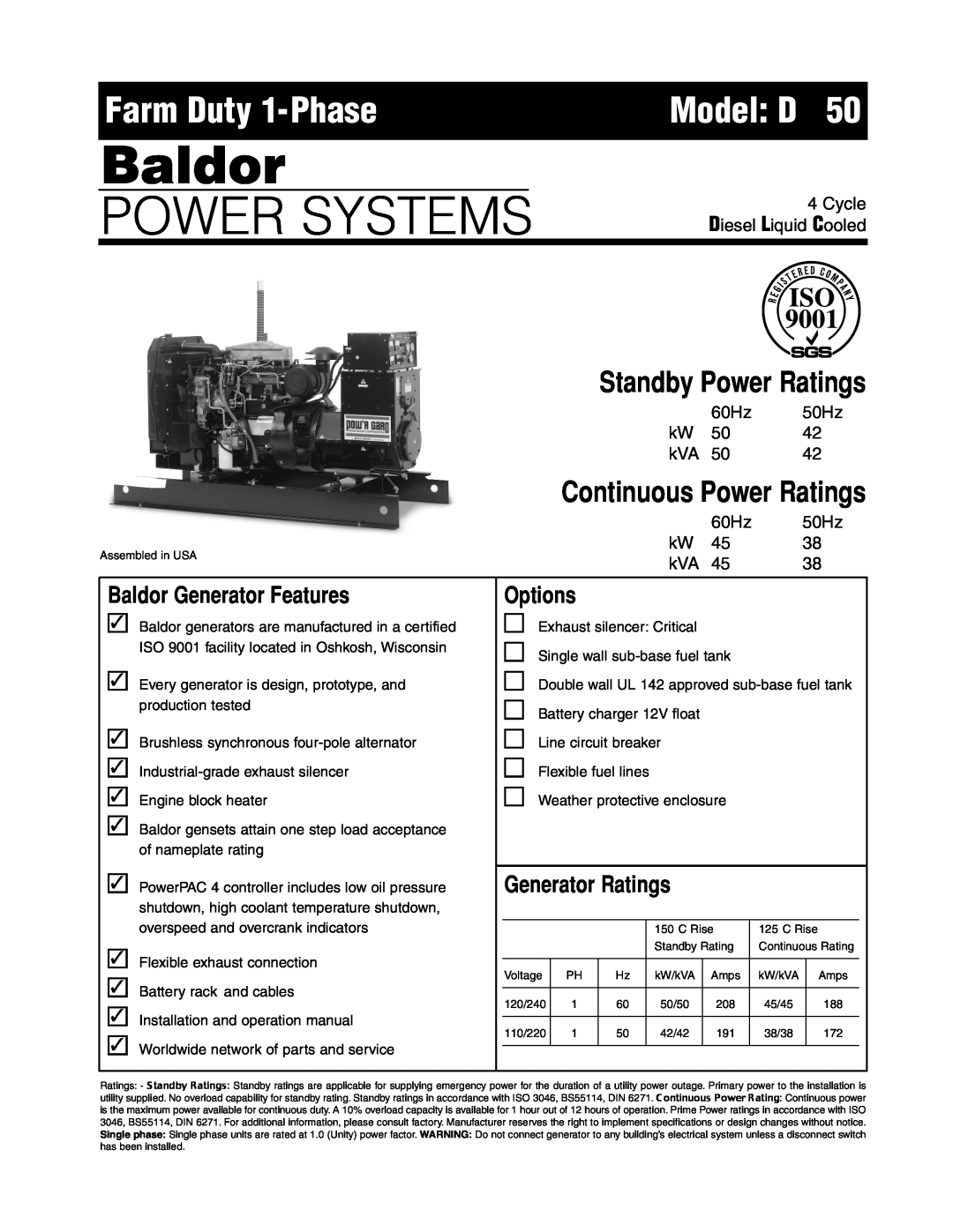 Baldor ISO9001 Model D50, Baldor, Power Systems, Farm Duty 1-Phase, Standby Power Ratings, Continuous Power Ratings, 60Hz 