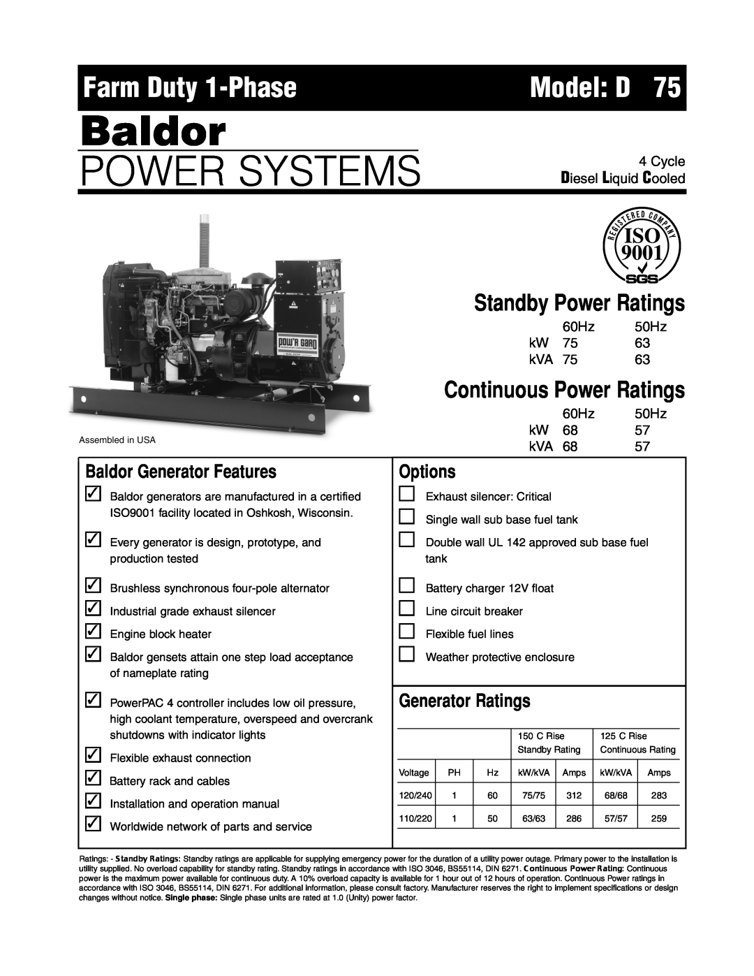 Baldor ISO9001 Model D75, Baldor, Power Systems, Farm Duty 1-Phase, Standby Power Ratings, Continuous Power Ratings, 60Hz 