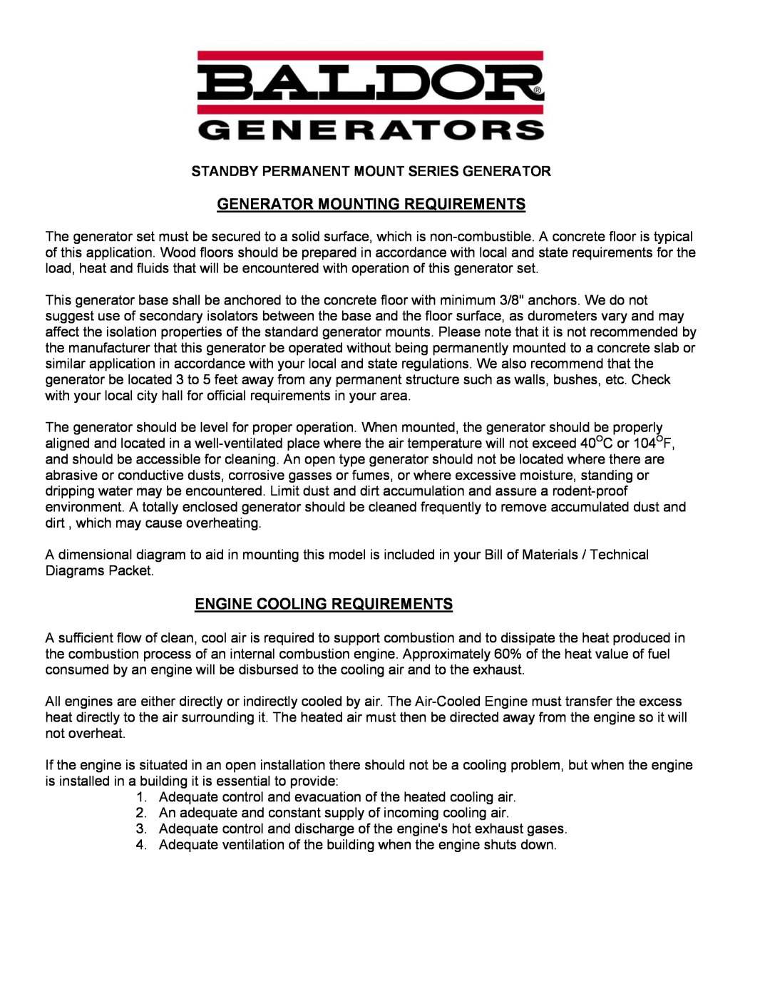 Baldor ISO9001 Generator Mounting Requirements, Engine Cooling Requirements, Standby Permanent Mount Series Generator 