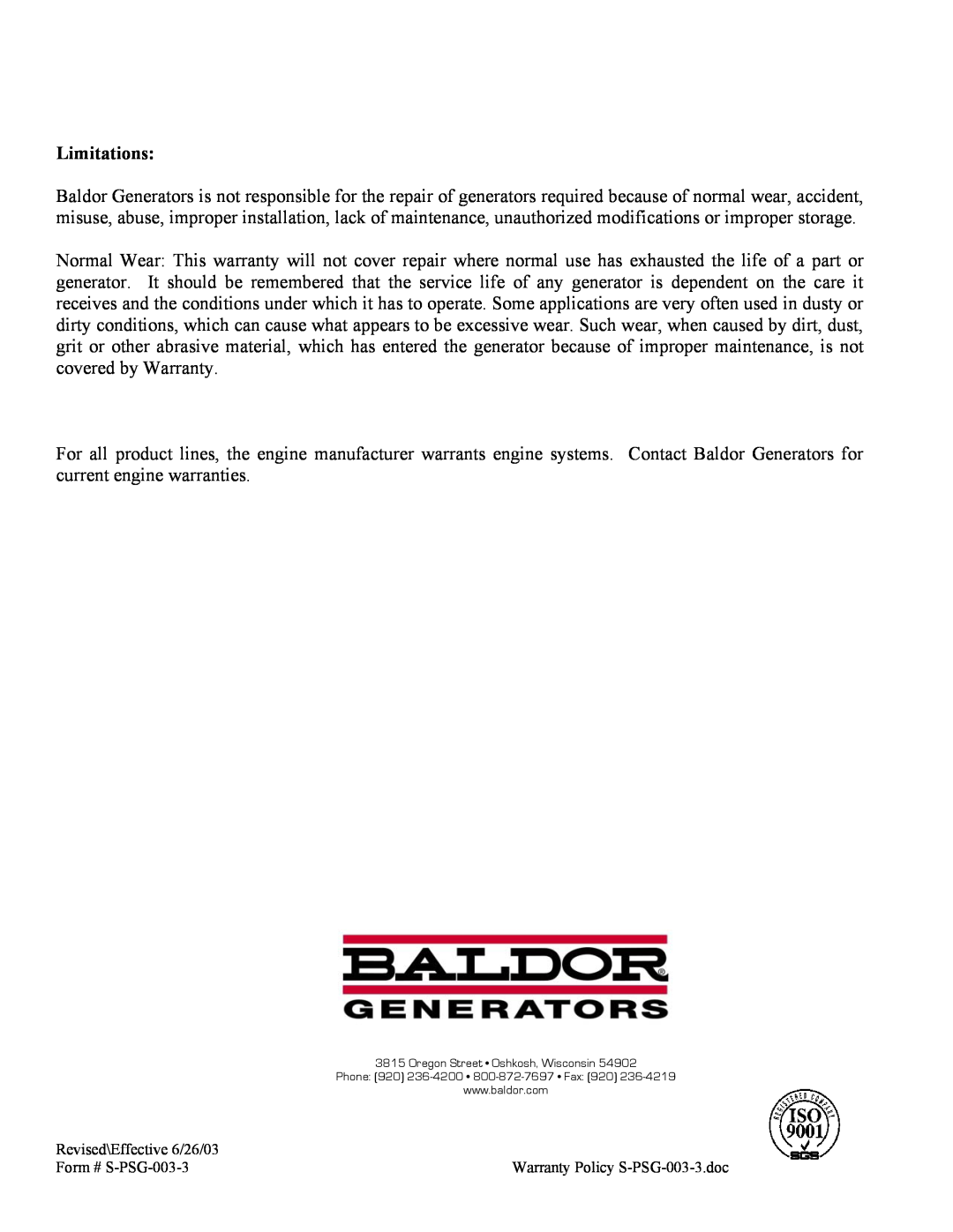 Baldor ISO9001 manual Limitations, Oregon Street Oshkosh, Wisconsin, Phone 920 236-4200 800-872-7697 Fax 920 
