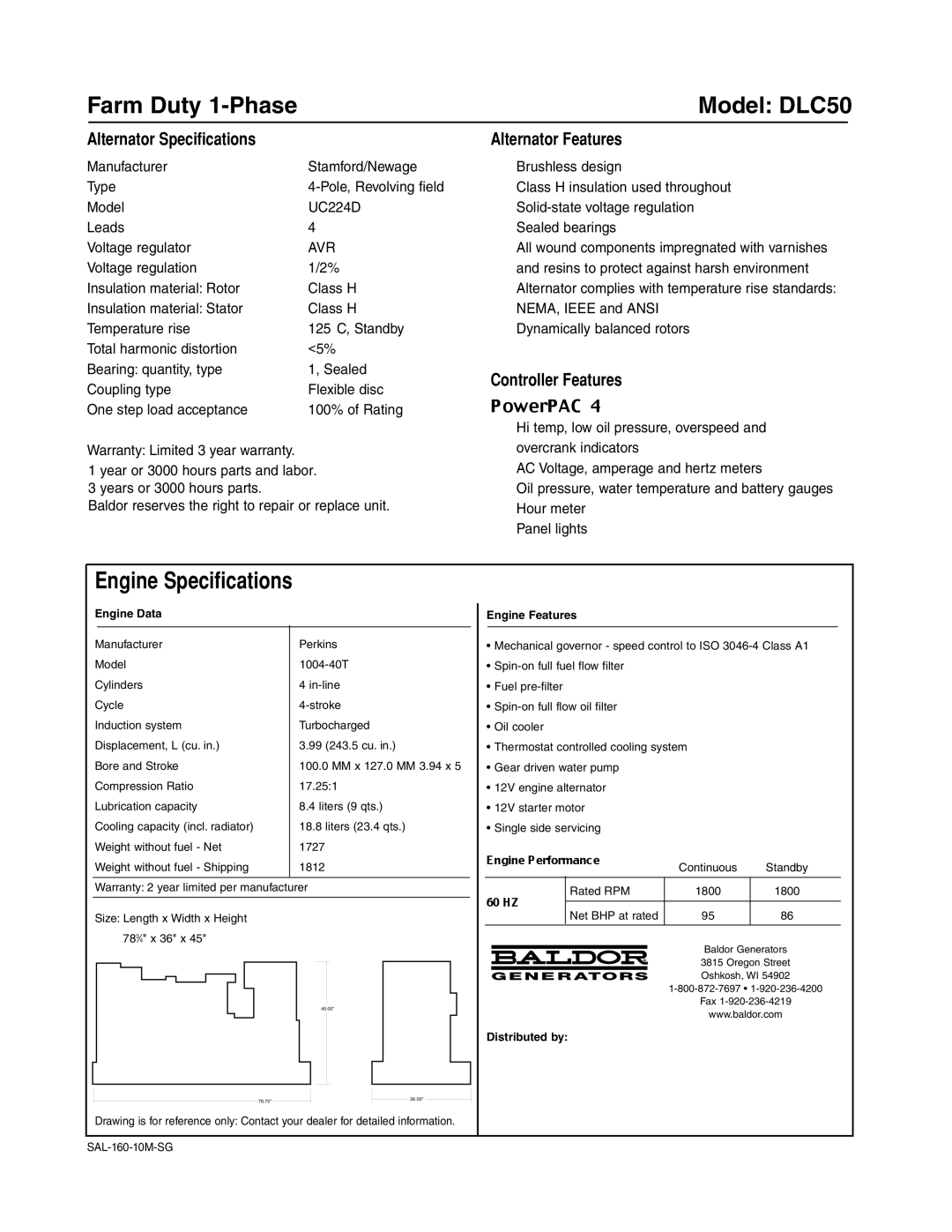 Baldor ISO9001 manual Farm Duty 1-Phase Model DLC50, PowerPAC 