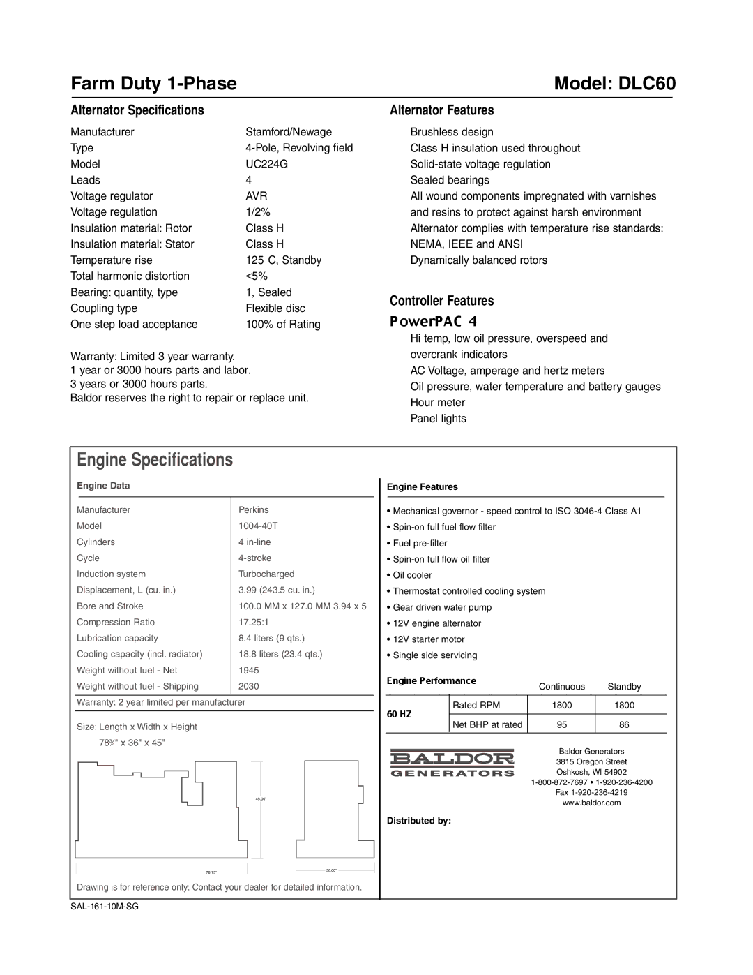 Baldor ISO9001 manual Farm Duty 1-Phase Model DLC60, Engine Specifications 