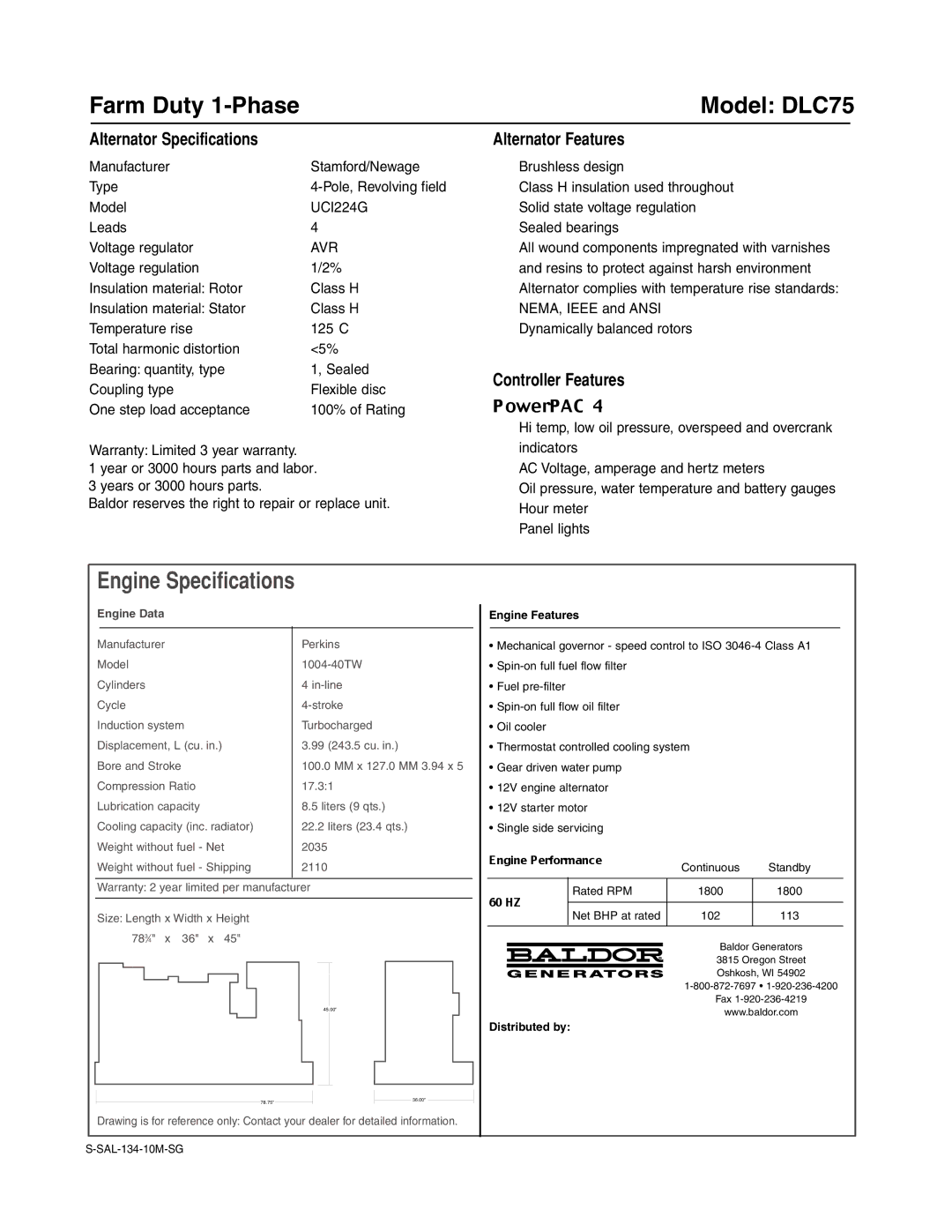 Baldor ISO9001 manual Farm Duty 1-Phase Model DLC75, Engine Data 