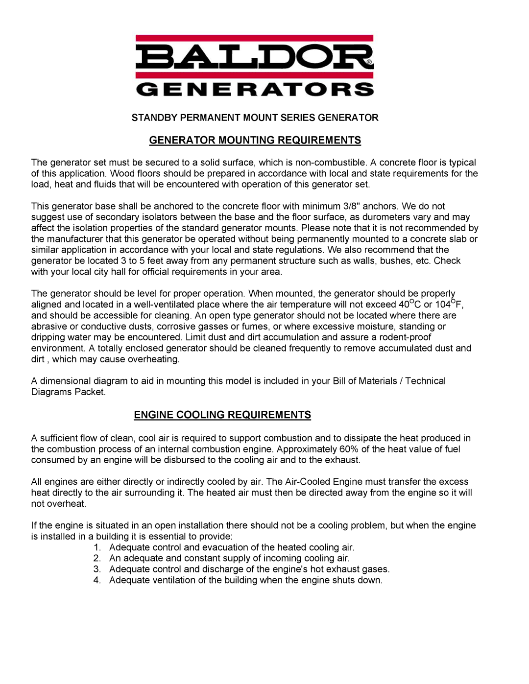 Baldor ISO9001 Generator Mounting Requirements, Engine Cooling Requirements, Standby Permanent Mount Series Generator 