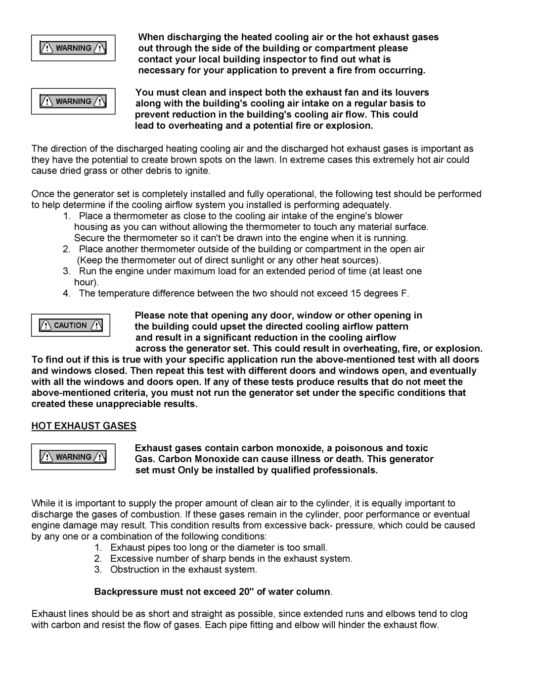 Baldor ISO9001 manual HOT Exhaust Gases, Backpressure must not exceed 20 of water column 