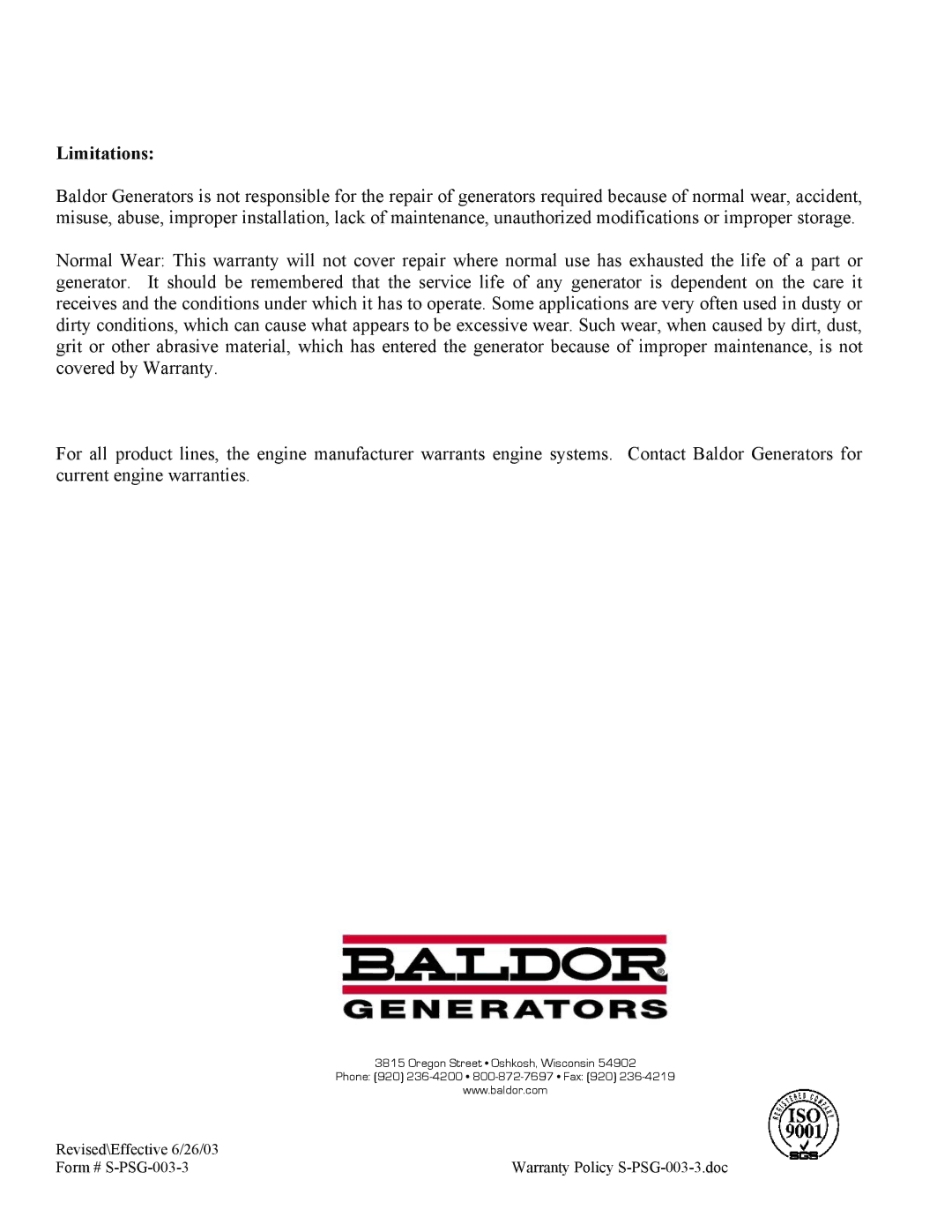 Baldor ISO9001 manual Limitations 