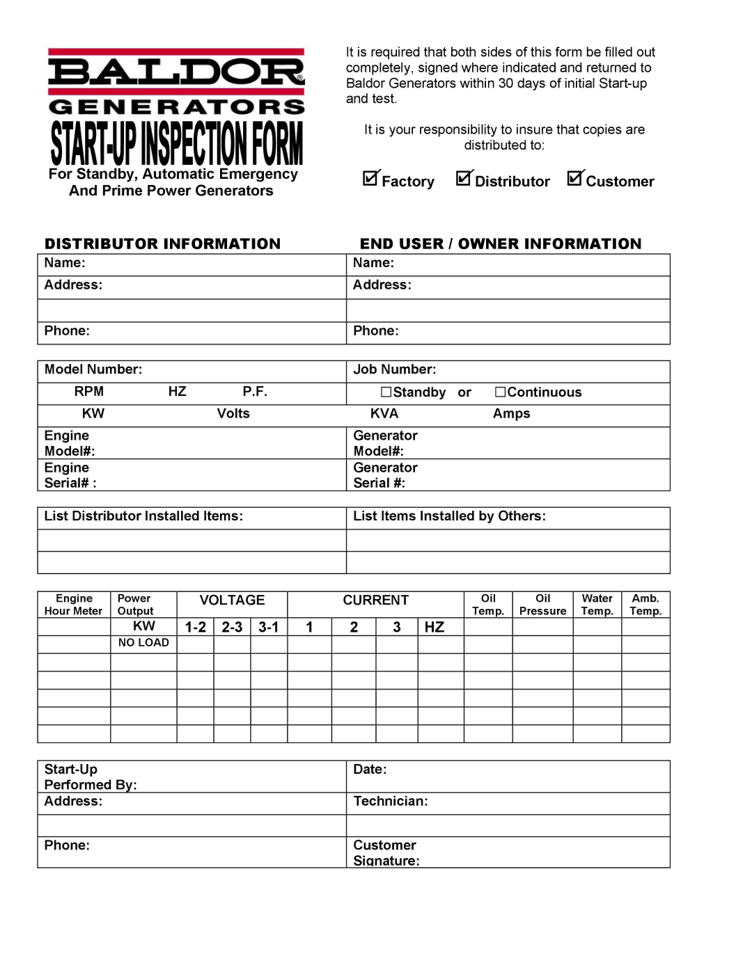 Baldor ISO9001 manual Distributor Information END User / Owner Information, Rpm, Kva, Current 