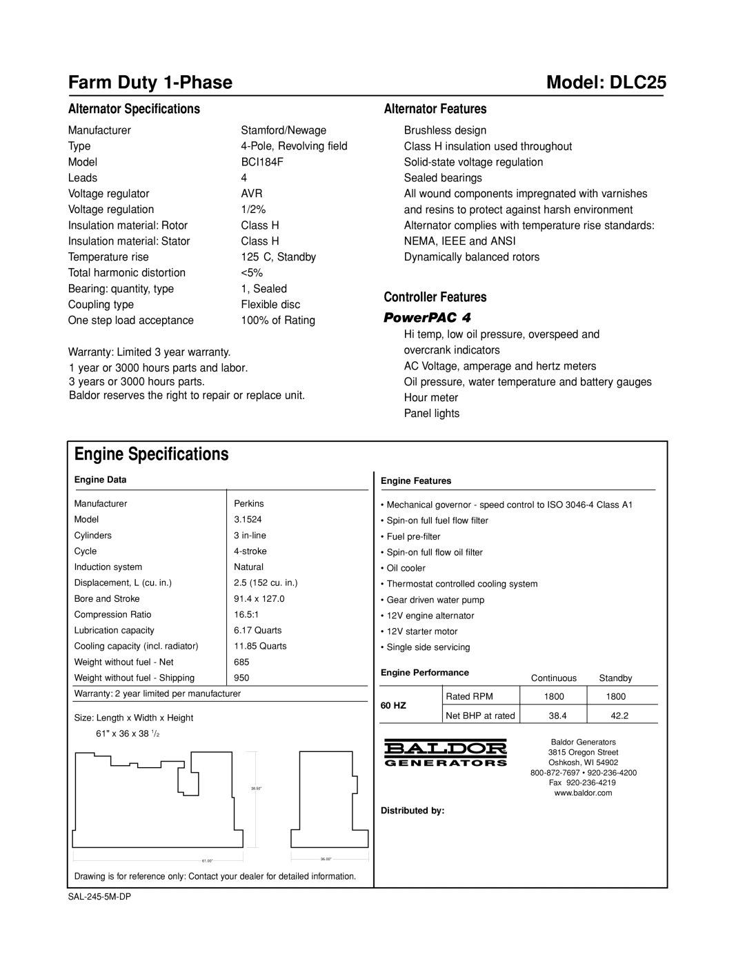 Baldor ISO9001 manual Farm Duty 1-Phase Model DLC25, Engine Specifications 