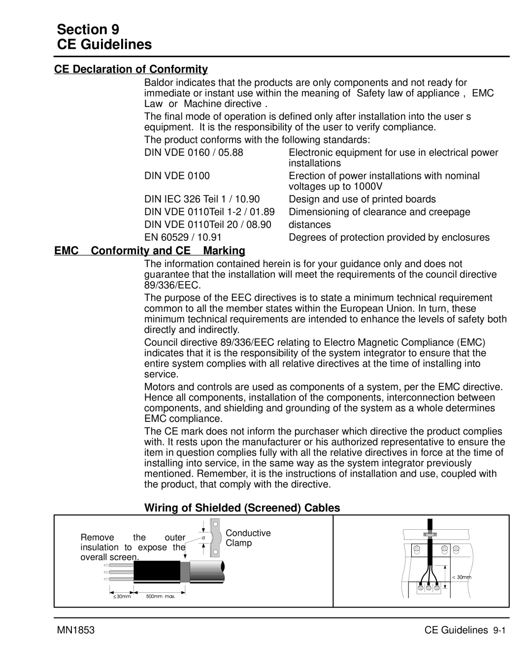 Baldor MIN1853 manual Section CE Guidelines, CE Declaration of Conformity, EMC Conformity and CE Marking 