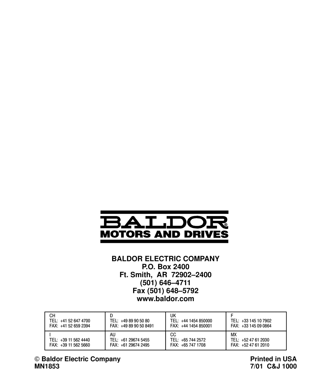 Baldor MIN1853 manual Baldor Electric Company MN1853 01 C&J 