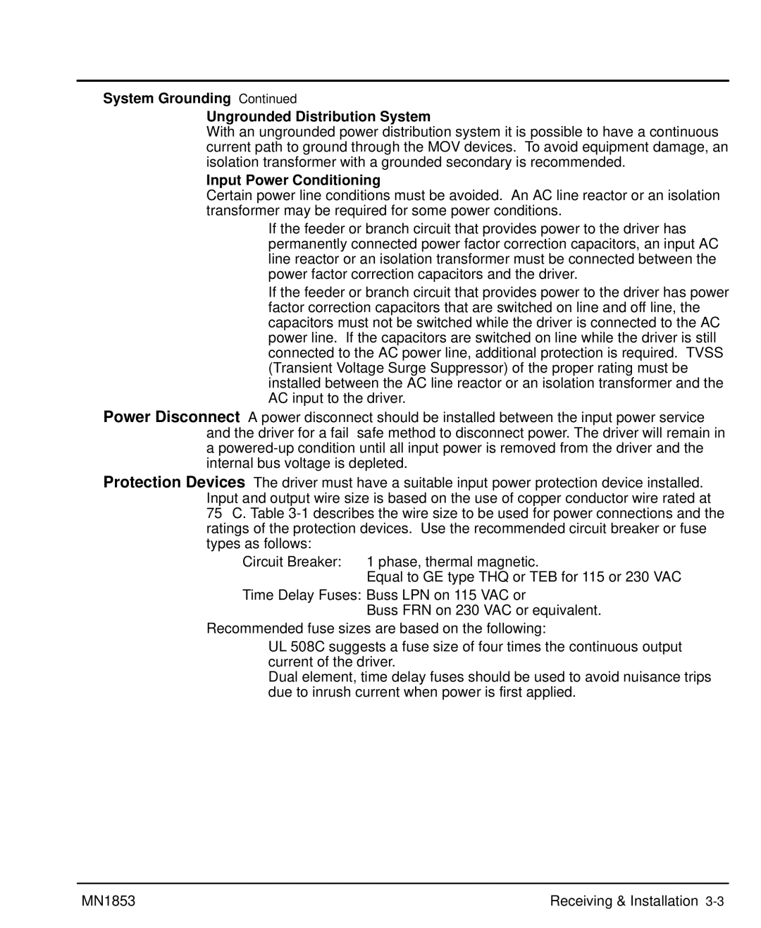 Baldor MIN1853 manual System Grounding Ungrounded Distribution System, Input Power Conditioning 