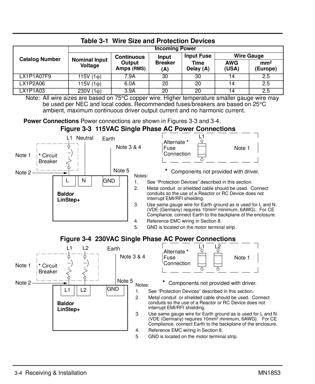 Baldor MIN1853 manual Wire Size and Protection Devices, Delay a, Europe, Baldor, LinStep+ 