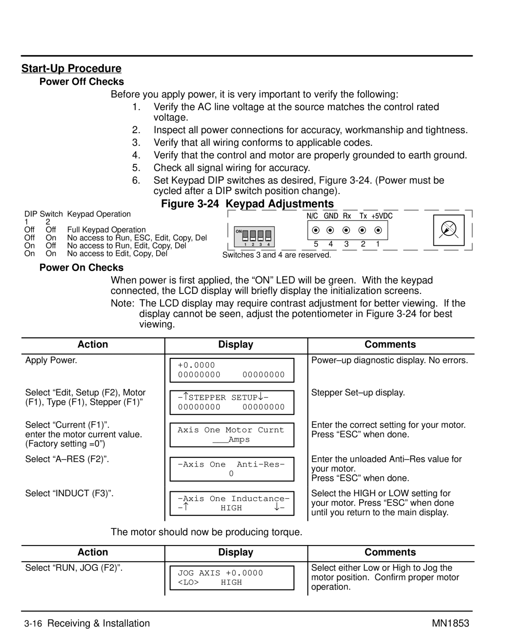 Baldor MIN1853 manual Start-Up Procedure, Power Off Checks, Power On Checks, Action Display Comments 