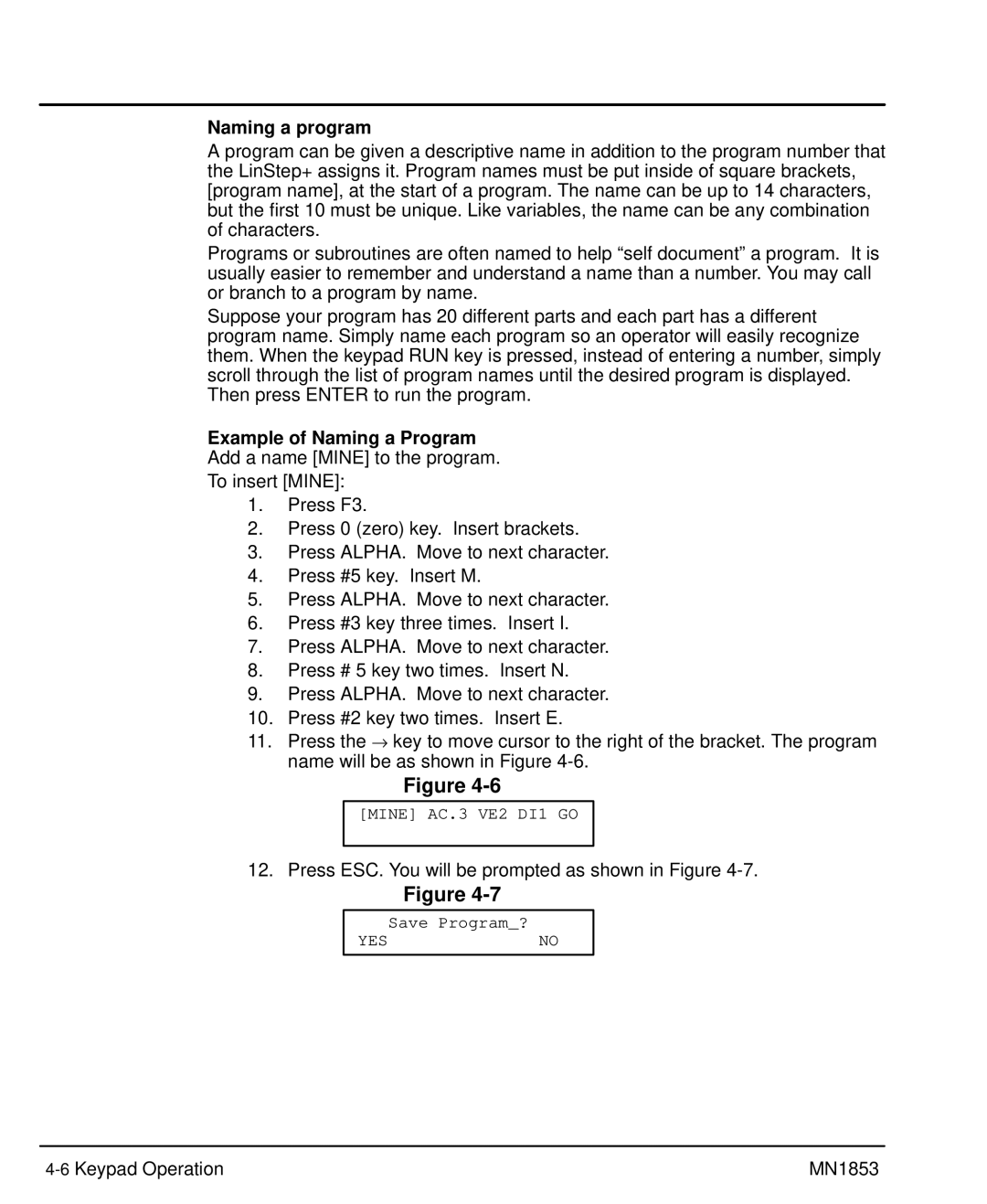 Baldor MIN1853 manual Naming a program, Example of Naming a Program 