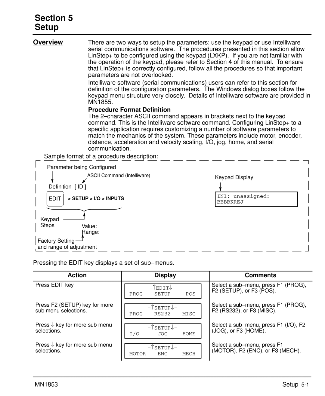 Baldor MIN1853 manual Section Setup, Procedure Format Definition 