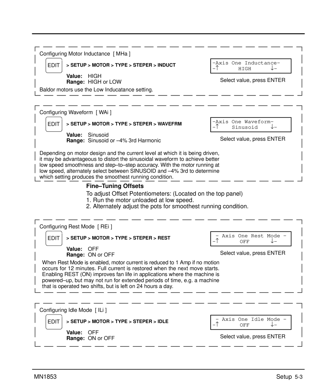 Baldor MIN1853 manual Fine-Tuning Offsets, Value High, Value OFF 