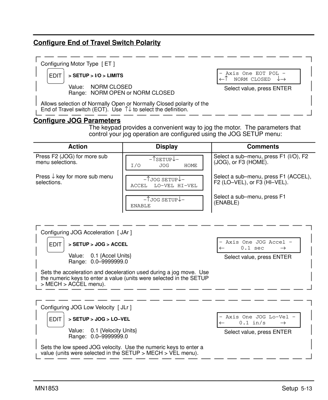 Baldor MIN1853 manual Configure End of Travel Switch Polarity, Configure JOG Parameters 