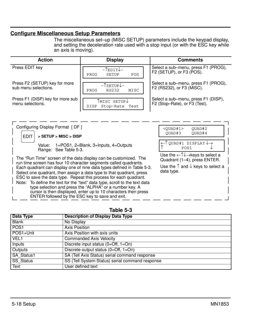 Baldor MIN1853 manual Configure Miscellaneous Setup Parameters, Data Type Description of Display Data Type, POS1, VEL1 