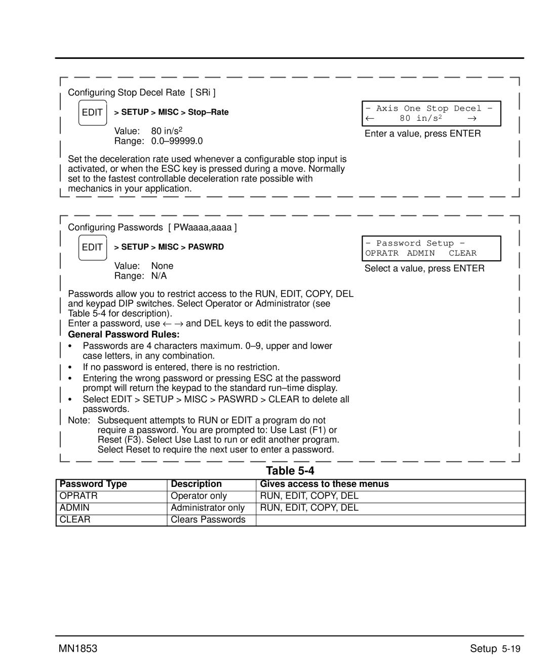 Baldor MIN1853 manual General Password Rules, Password Type Description Gives access to these menus 