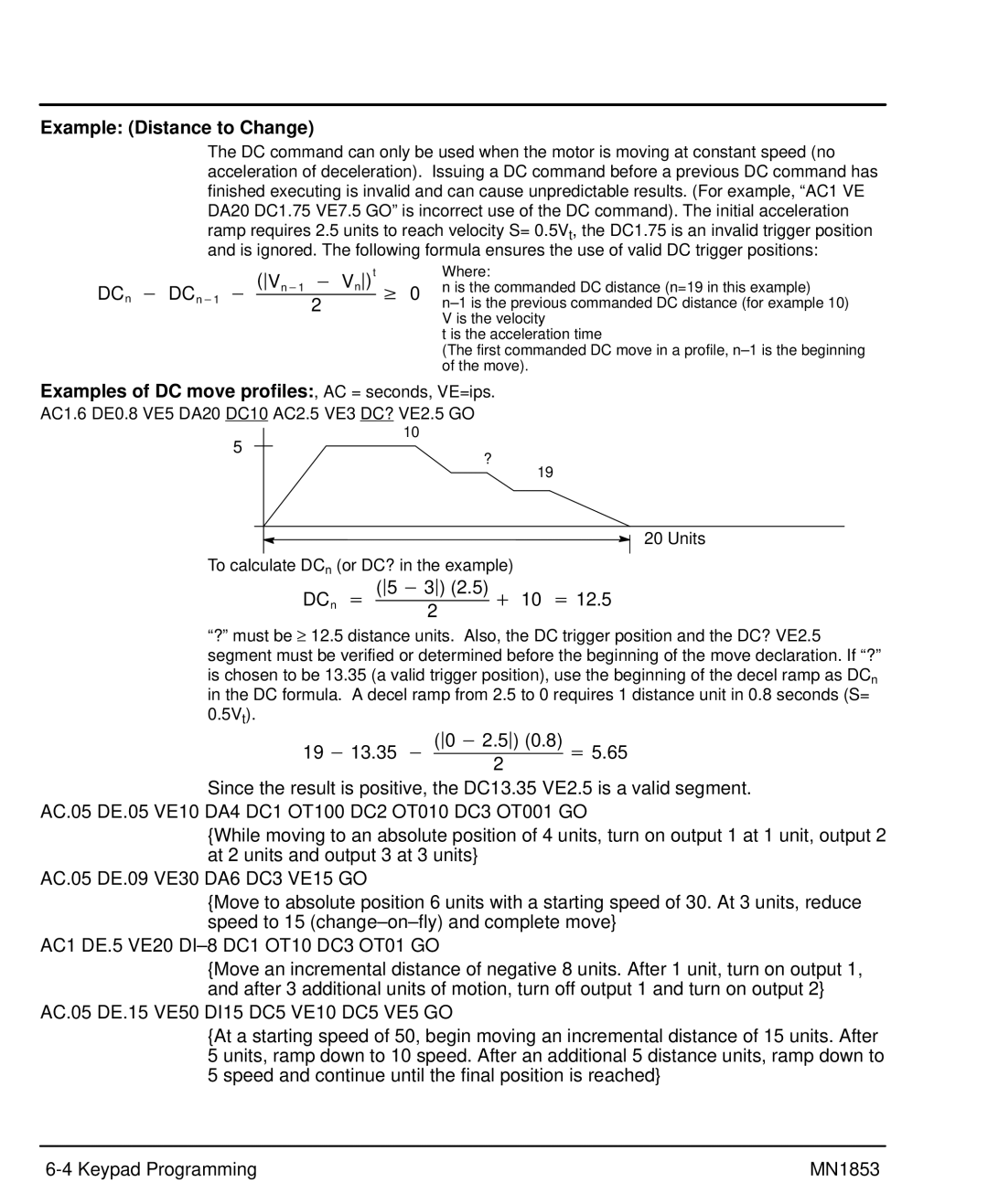 Baldor MIN1853 manual Example Distance to Change, Examples of DC move profiles, AC = seconds, VE=ips 