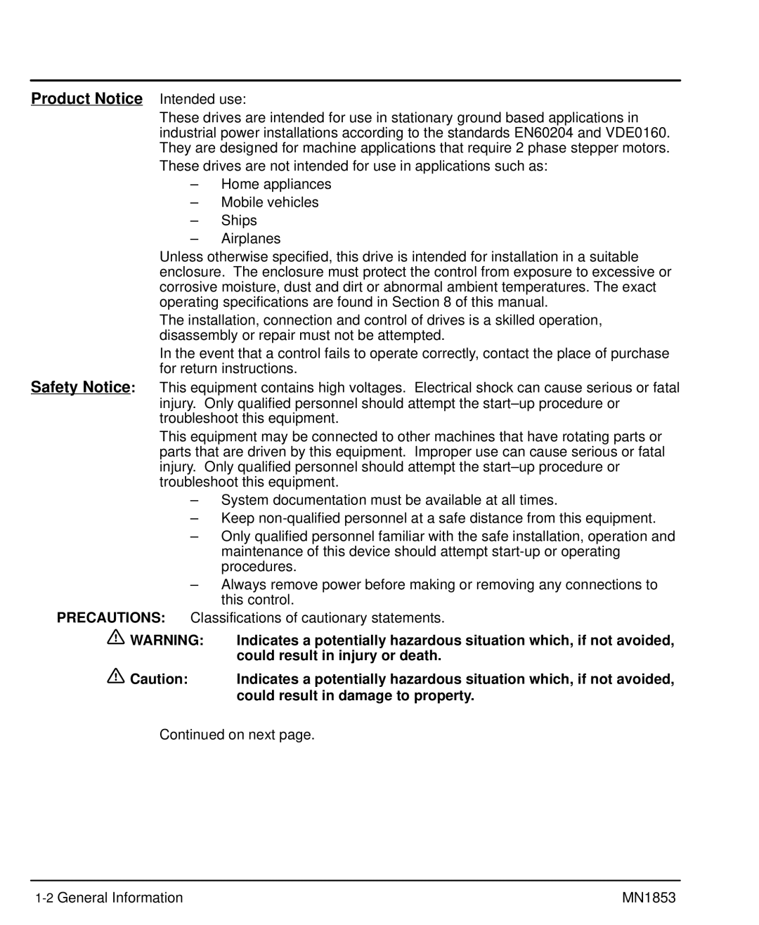 Baldor MIN1853 manual Product Notice Intended use, Could result in injury or death, Could result in damage to property 