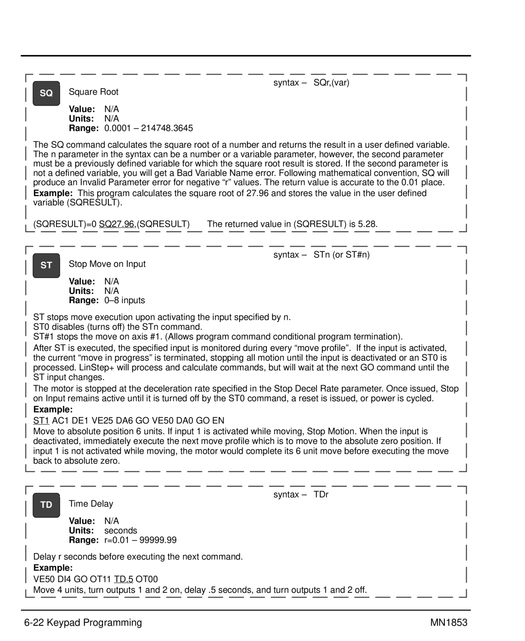 Baldor MIN1853 manual SQRESULT=0 SQ27.96,SQRESULT, Value N/A Units N/A, ST1 AC1 DE1 VE25 DA6 GO VE50 DA0 GO EN 