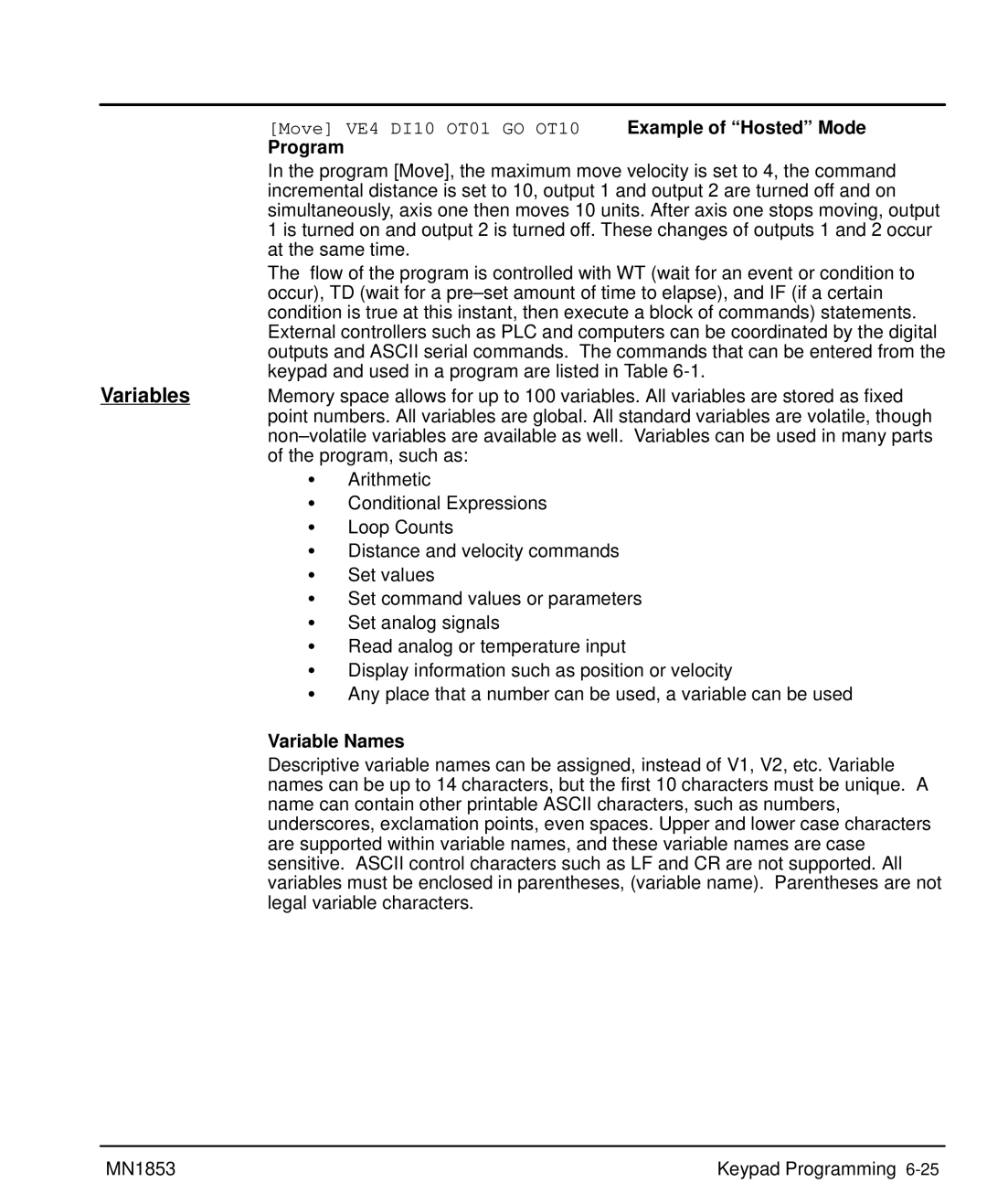 Baldor MIN1853 manual Variables, Example of Hosted Mode, Program, Variable Names 