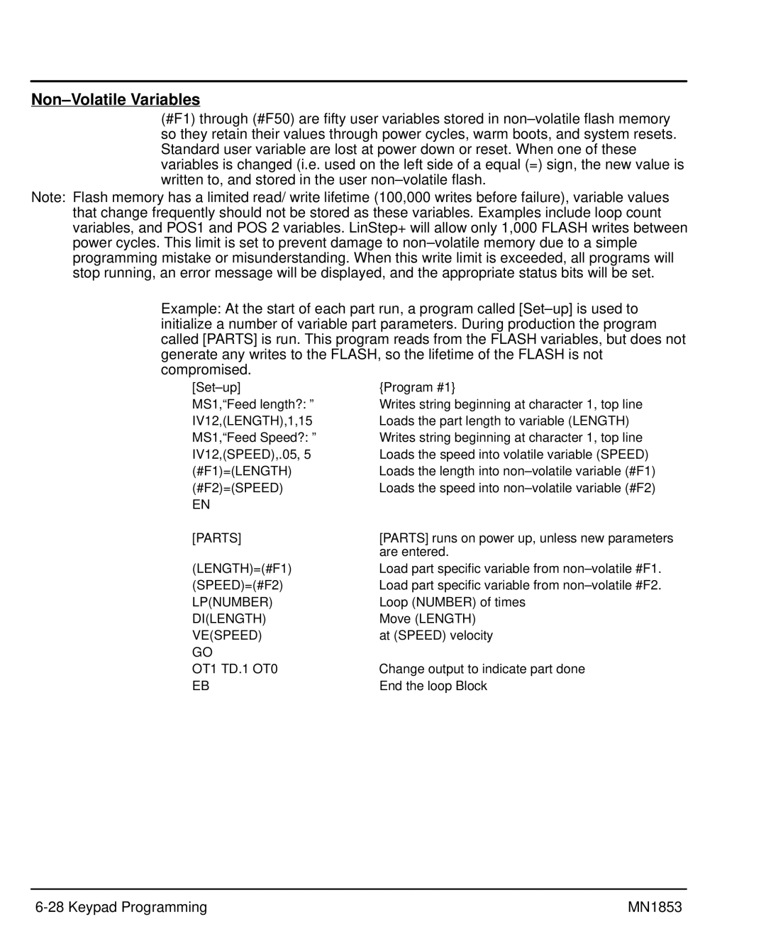 Baldor MIN1853 manual Non-Volatile Variables, Parts, Lpnumber 