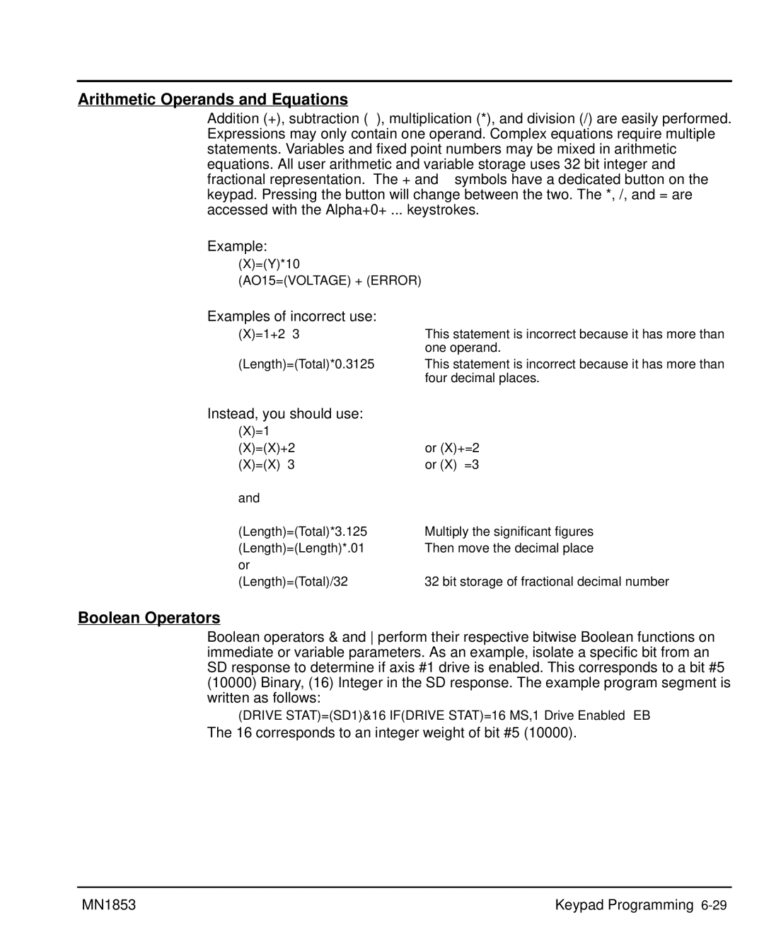 Baldor MIN1853 manual Arithmetic Operands and Equations, Boolean Operators, AO15=VOLTAGE + Error 