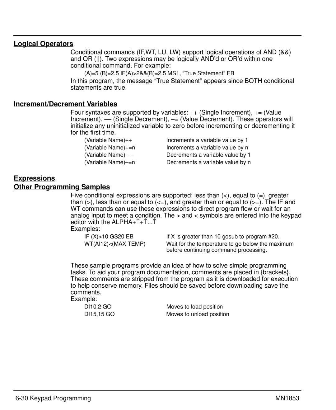 Baldor MIN1853 Logical Operators, Increment/Decrement Variables, Expressions Other Programming Samples, WTAI12MAX Temp 