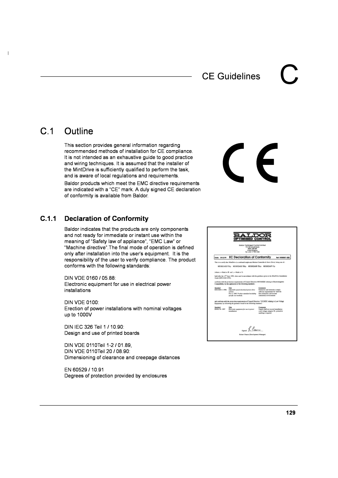 Baldor MN1274 06/2001 installation manual C CE Guidelines, C.1 Outline, C.1.1 Declaration of Conformity 